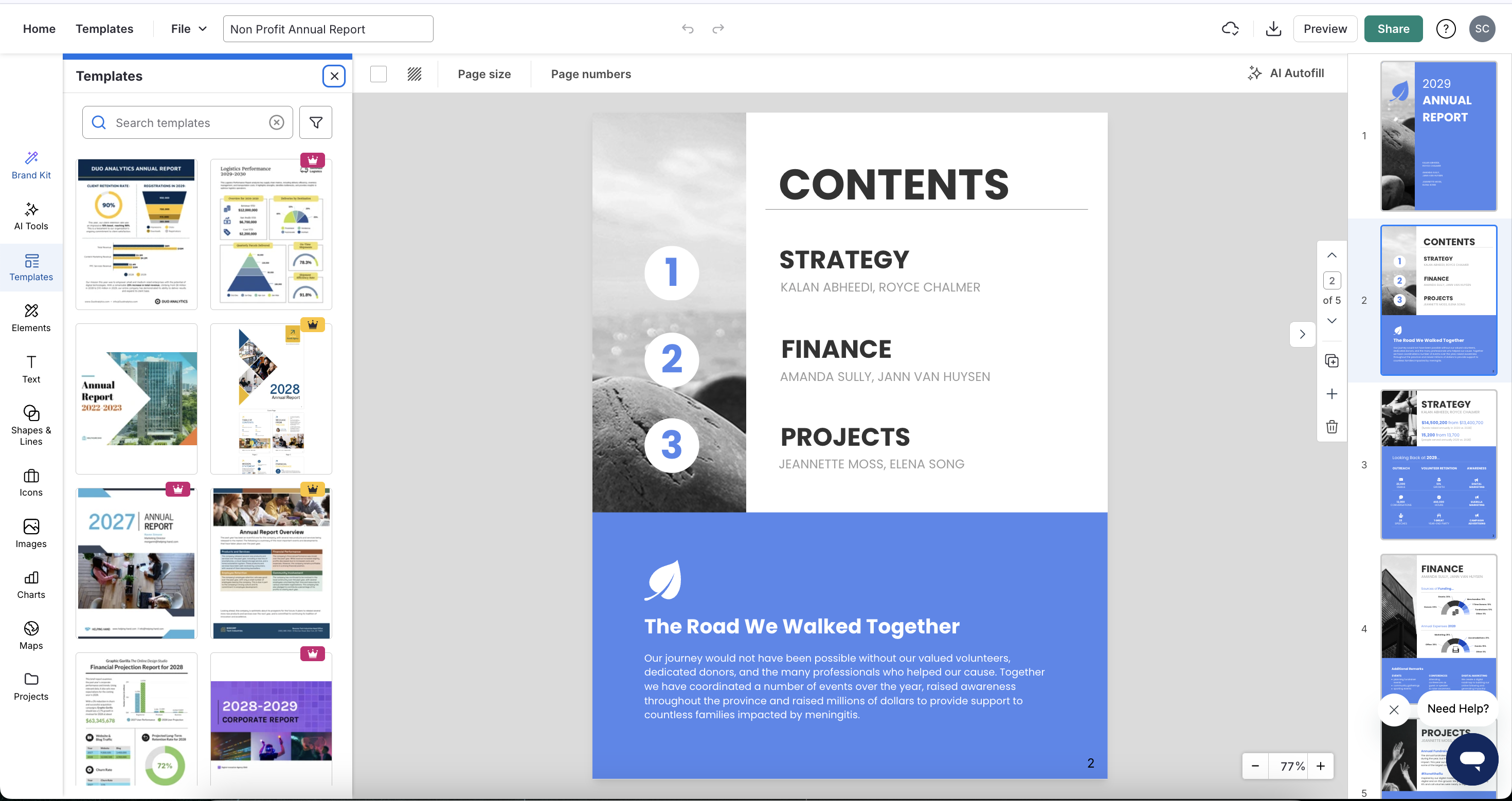 Venngage editor showing an annual report template
